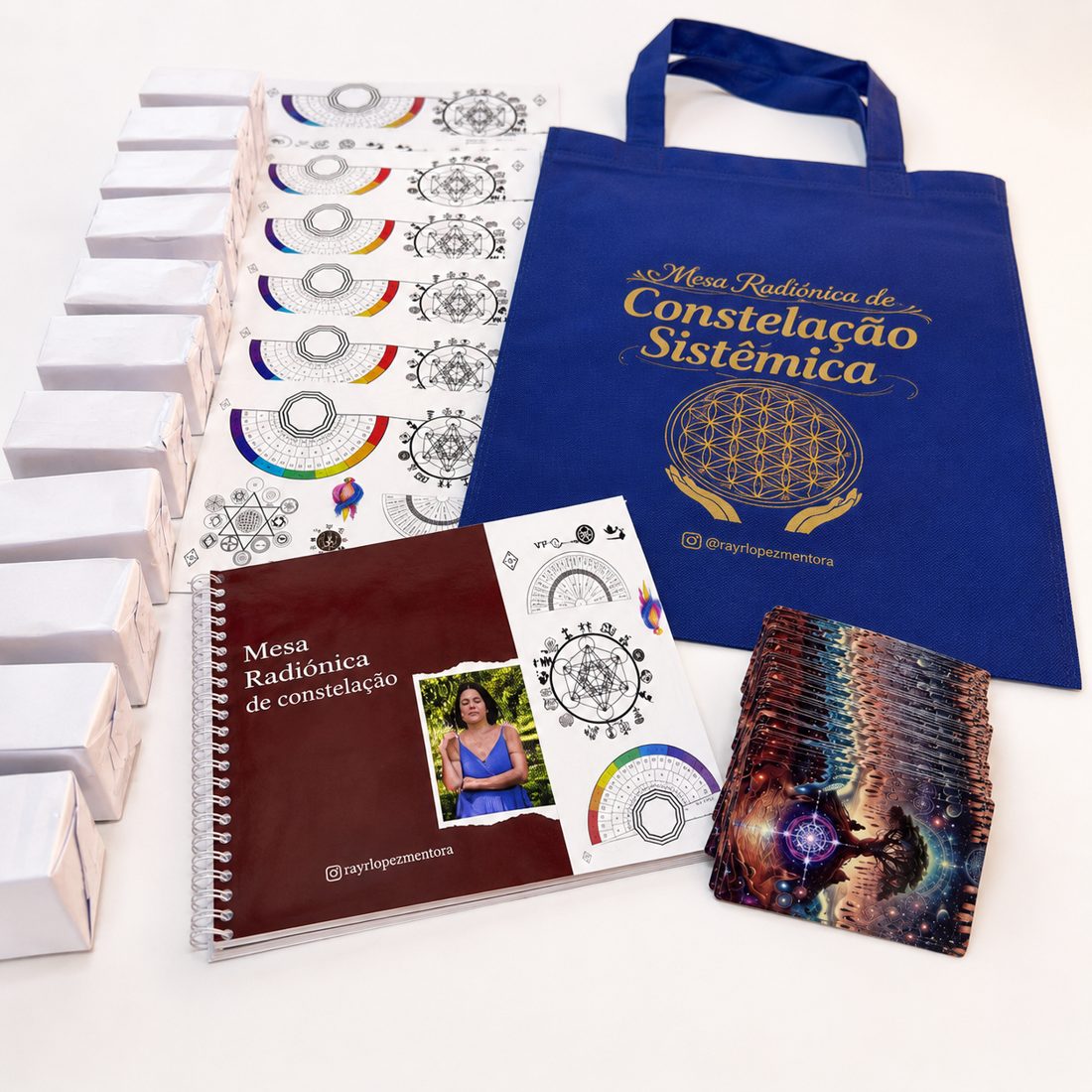 Material da formação: mesas impressas, apostila Mesa Radiónica de Constelação, baralho de cartas e saco da formação